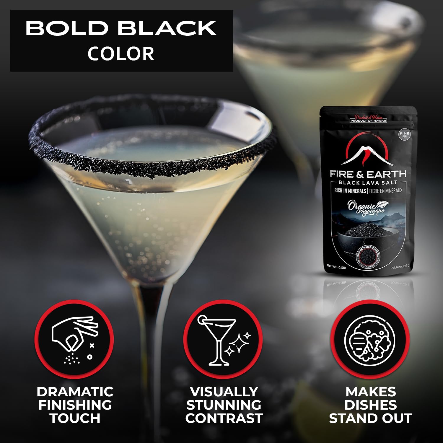 Cocktail glass rimmed with black lava salt for enhanced presentation