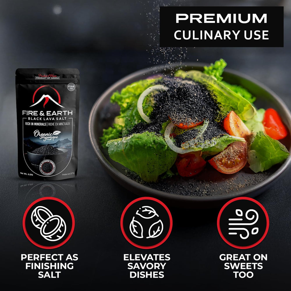 Elegant plated dish accented with dark salt crystals for gourmet aesthetics