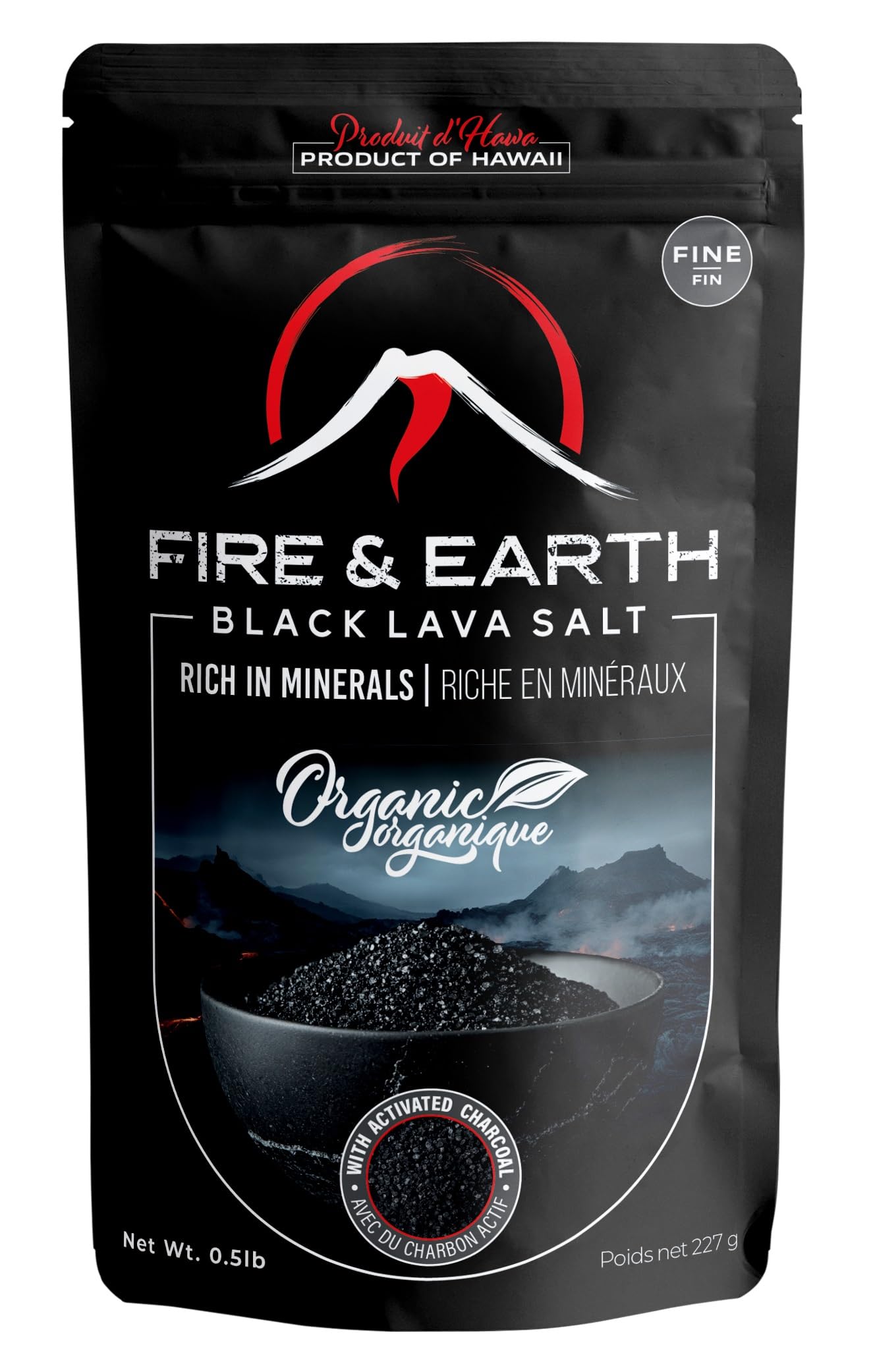 Fire & Earth Hawaiian lava salt bottle front for premium finishing and color contrast