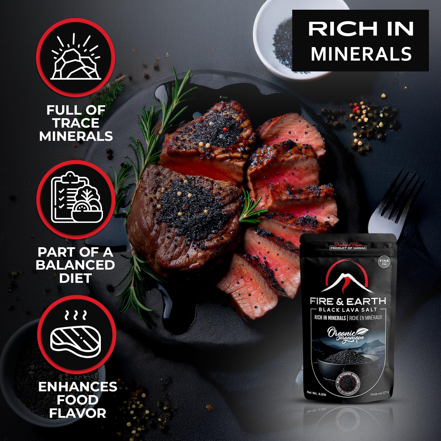 Vegan, gluten-free, non-GMO labeling on Fire & Earth black lava salt jar