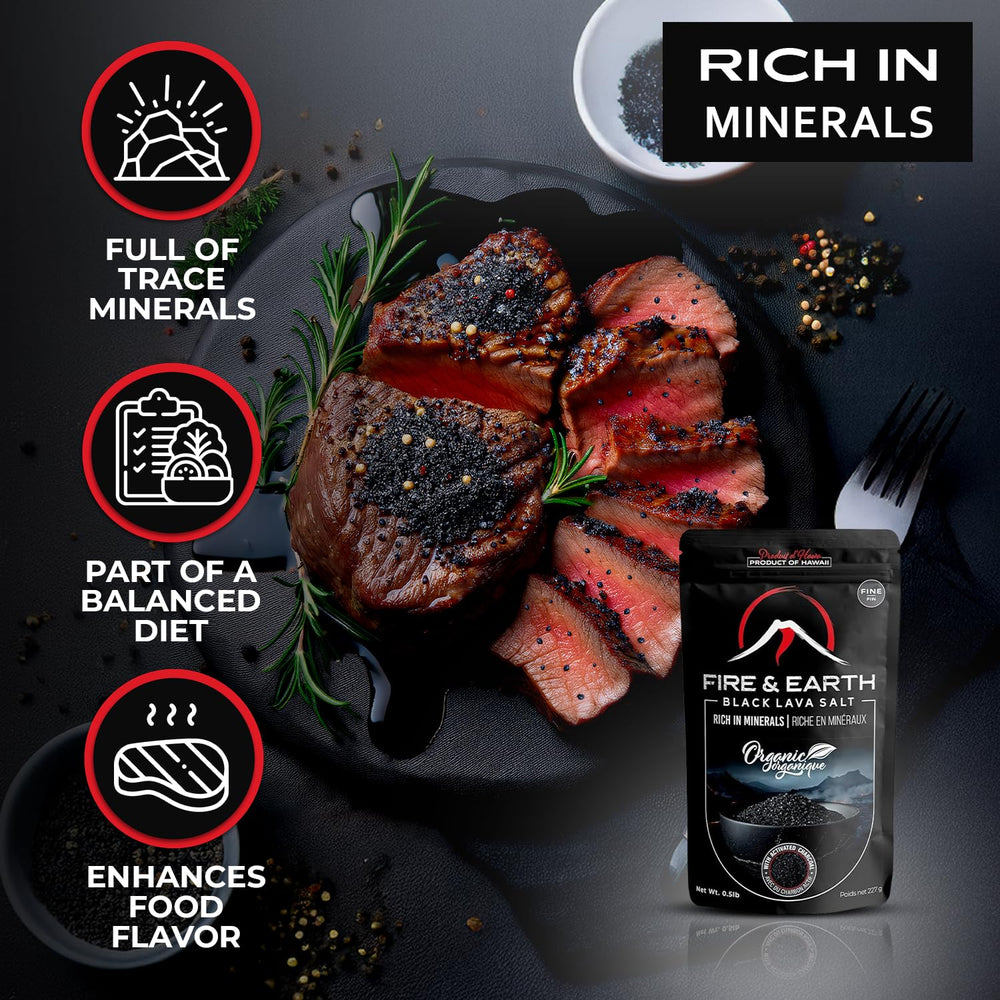 Vegan, gluten-free, non-GMO labeling on Fire & Earth black lava salt jar