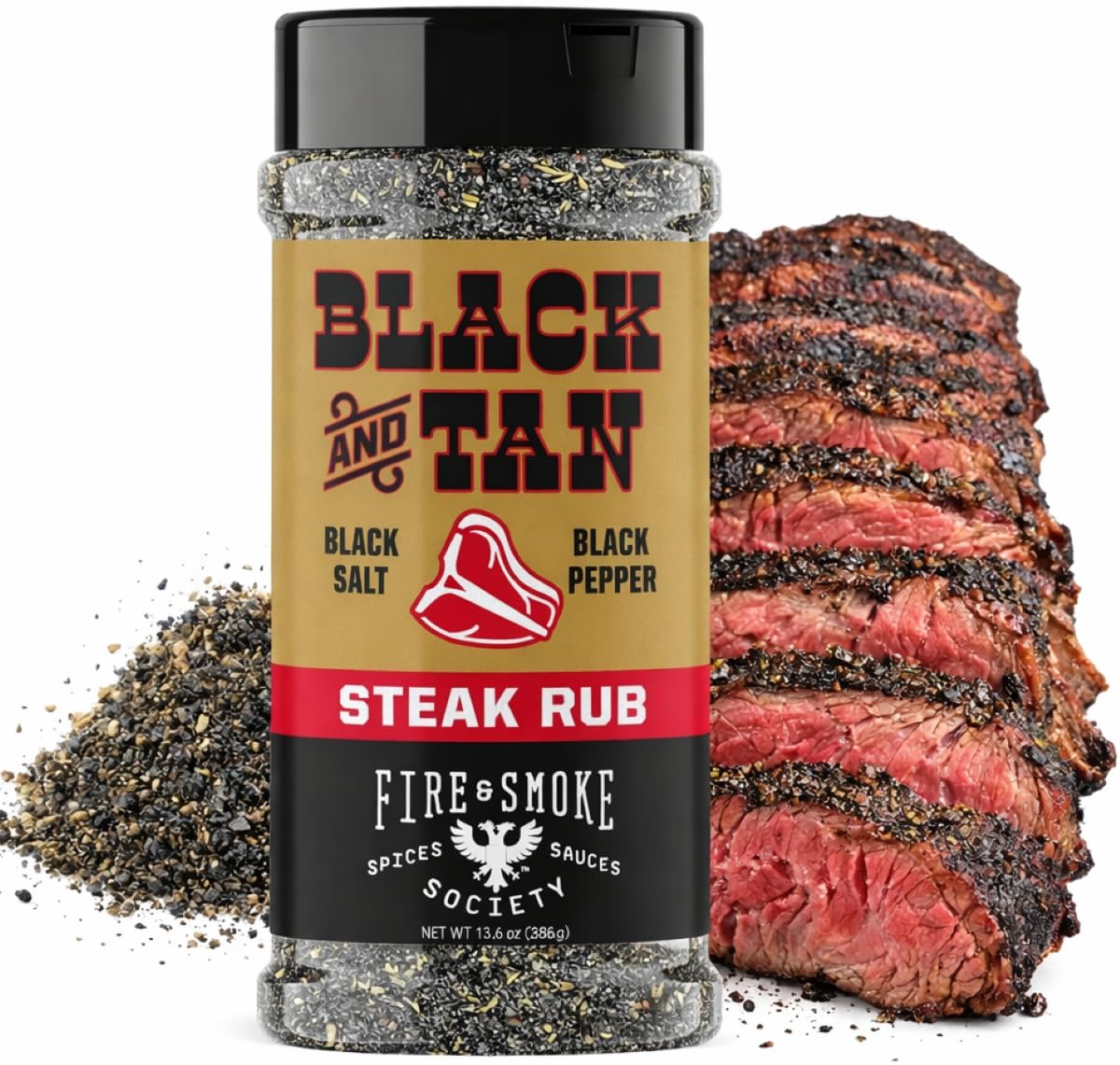 Fire & Smoke Society Black & Tan steak seasoning bottle enhances crust and flavor.