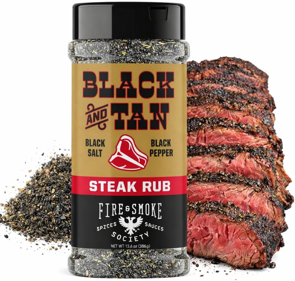 Fire & Smoke Society Black & Tan steak seasoning bottle enhances crust and flavor.