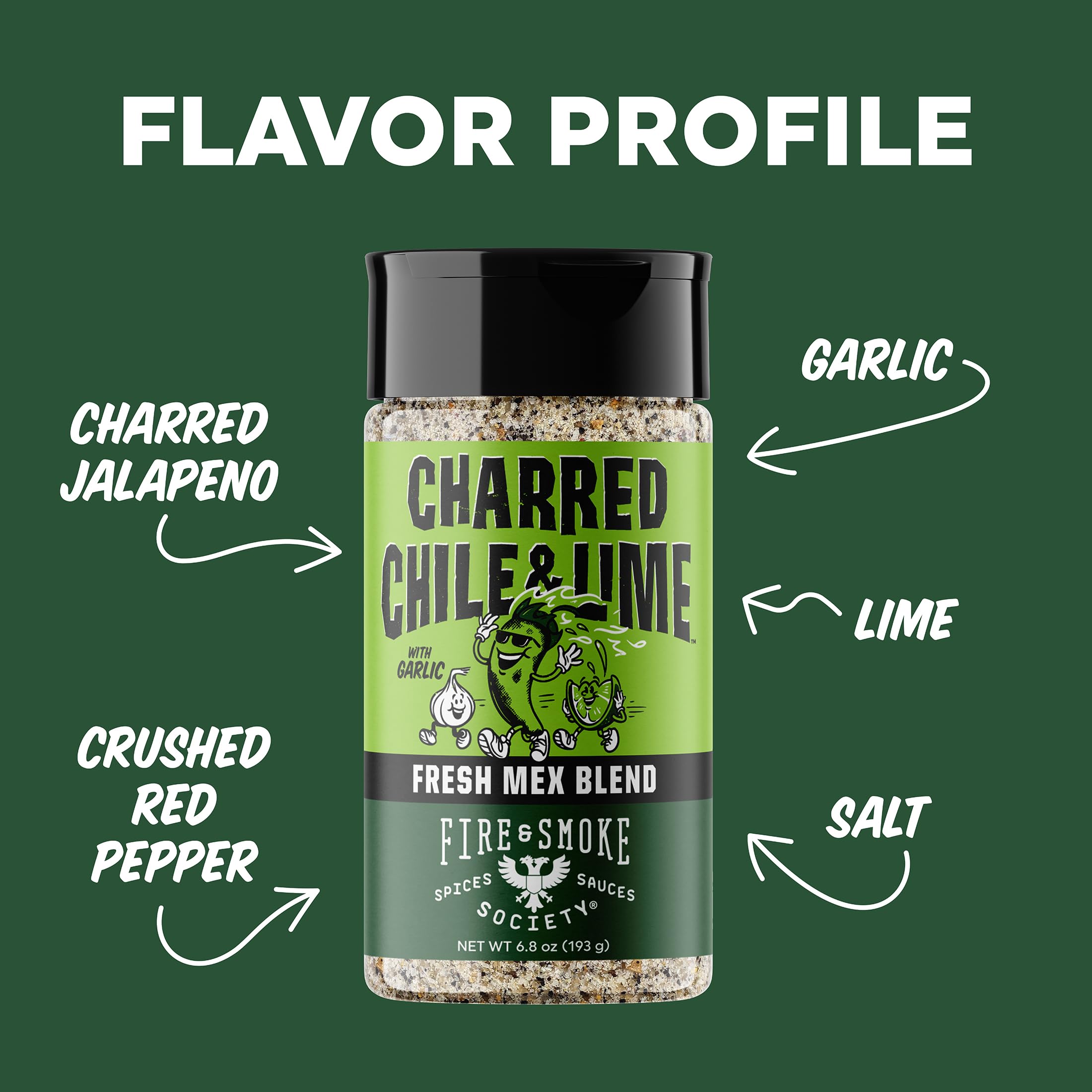 Fire & Smoke Society charred chile lime seasoning closeup showing smoky tang and citrus.