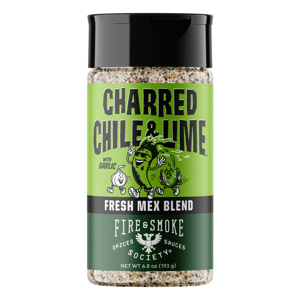 Fire & Smoke Society charred chile lime seasoning jar for bold taco and grill flavor.