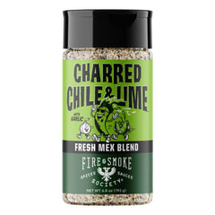 Fire & Smoke Society charred chile lime seasoning jar for bold taco and grill flavor.