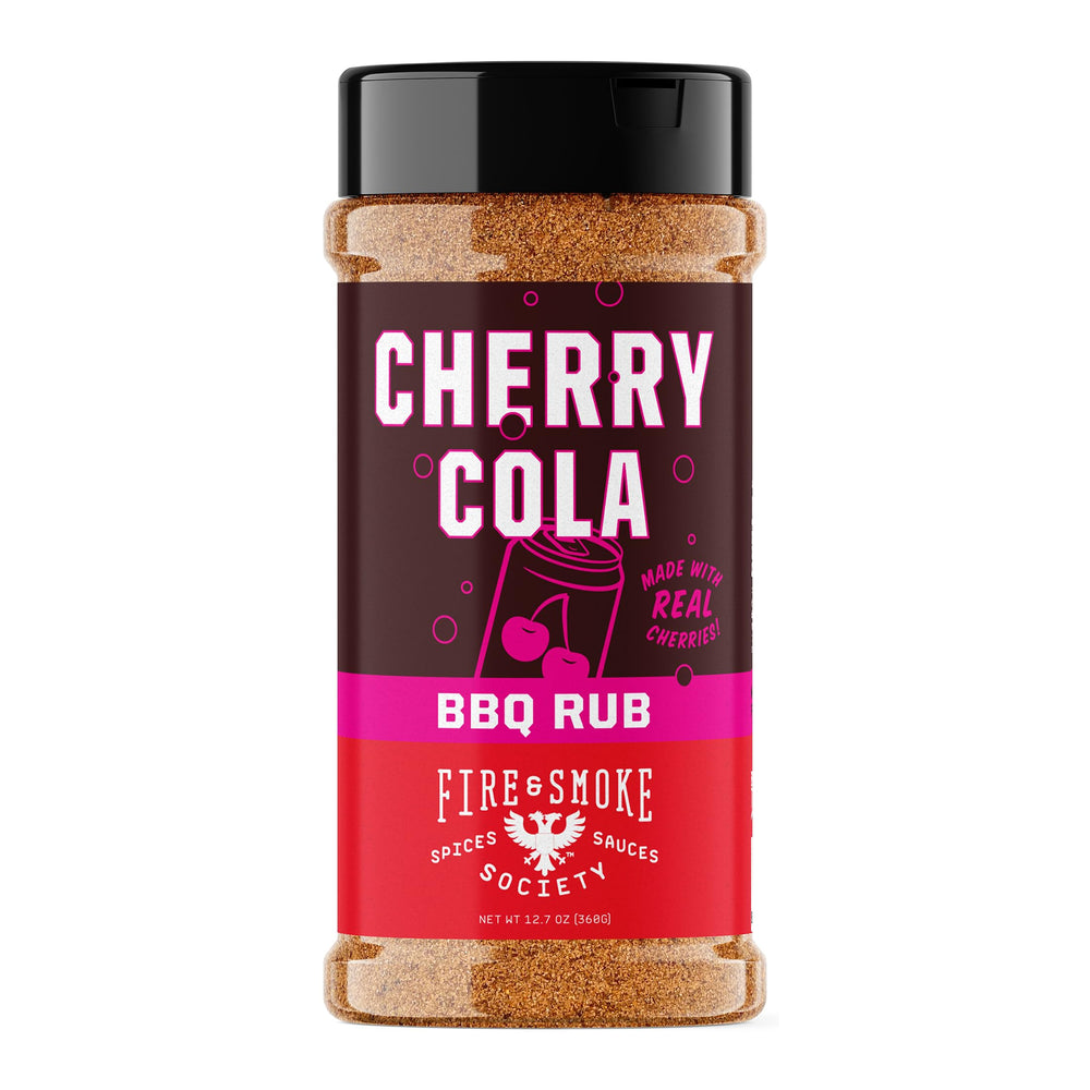 Fire and Smoke Society Cherry Cola Dry Rub jar ready for grilling enhances pork and poultry flavors.