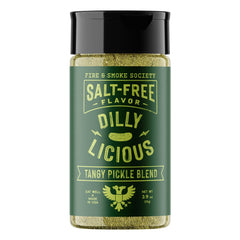 Fire & Smoke Society Dilly Licious bottle on the counter, salt-free seasoning for versatile meals.