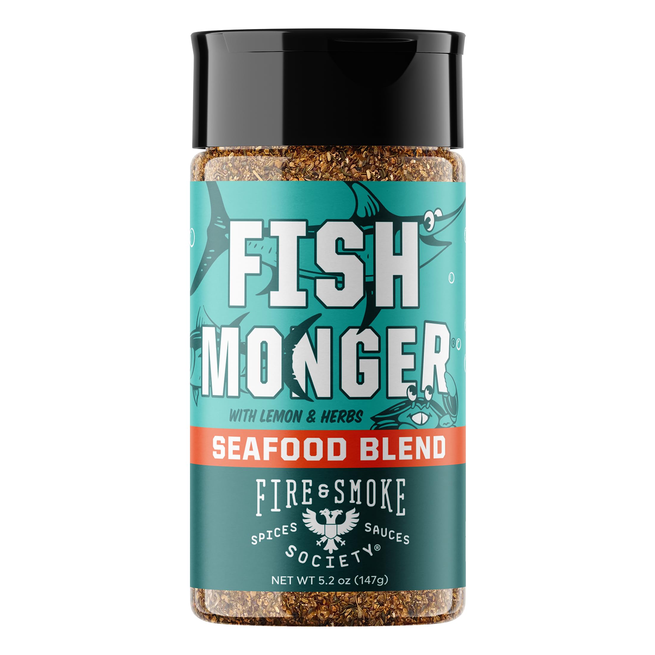 Fire and Smoke Society Fish Monger bottle close-up highlighting citrus and herbs for seafood.
