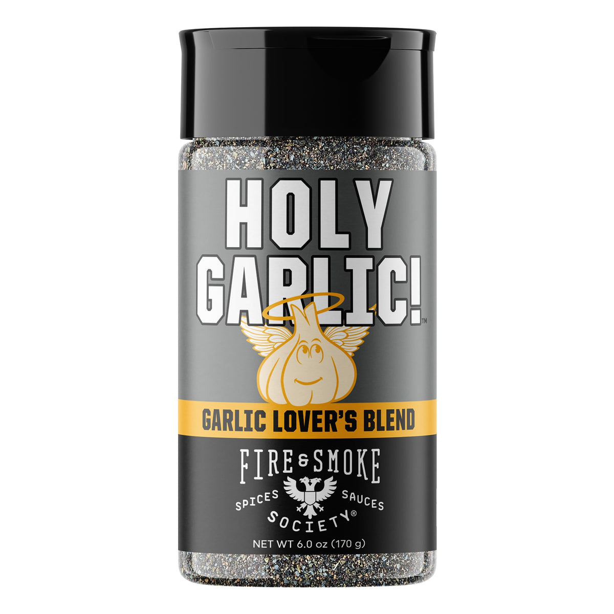 Fire & Smoke Society Holy Garlic All-Purpose Seasoning bottle for bold grilled flavor.