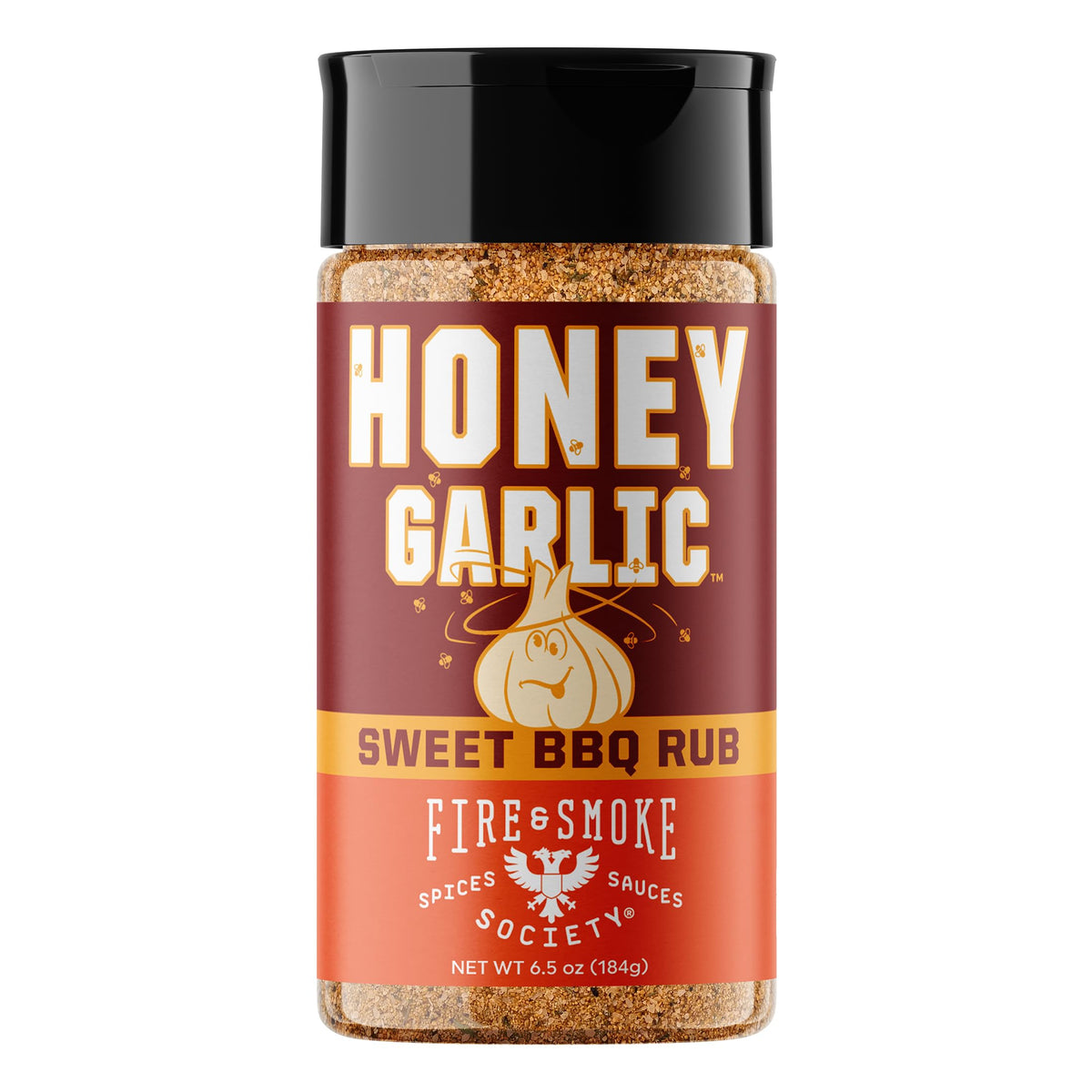 Fire & Smoke Society Honey Garlic BBQ Rub jar front for bold pork and poultry flavor.
