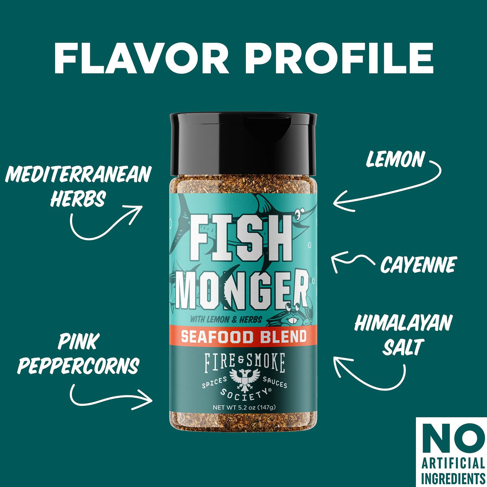 Fire and Smoke Society seasoning packaging showcases Himalayan salt and Mediterranean herbs.