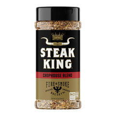 Fire & Smoke Society Steak King bottle on counter highlighting premium beef seasoning for grilling