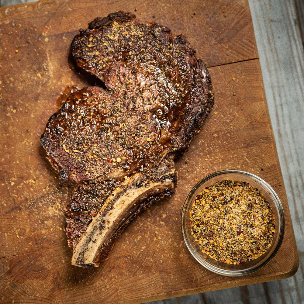 Lamb chops seasoned with Steak King by Fire & Smoke Society for grilling