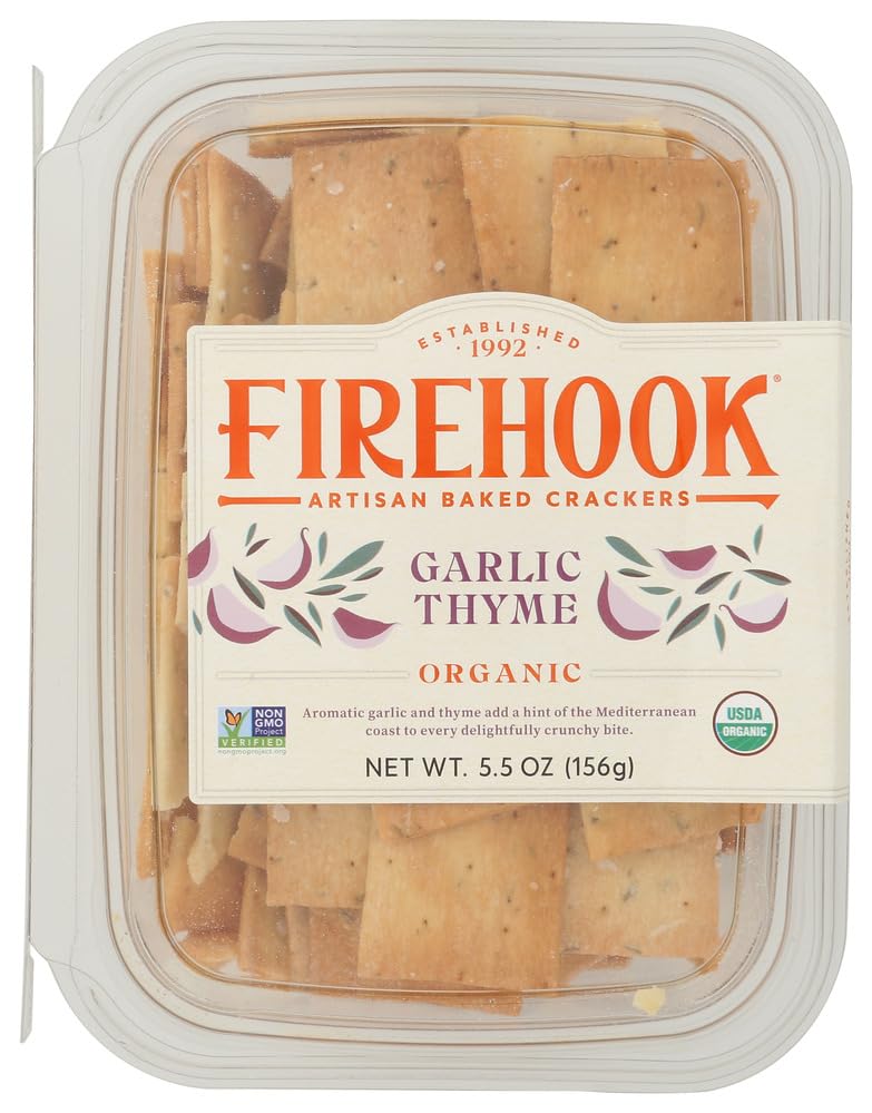 Firehook Cracker Garlic Thyme packaging close-up, highlighting premium ingredients.