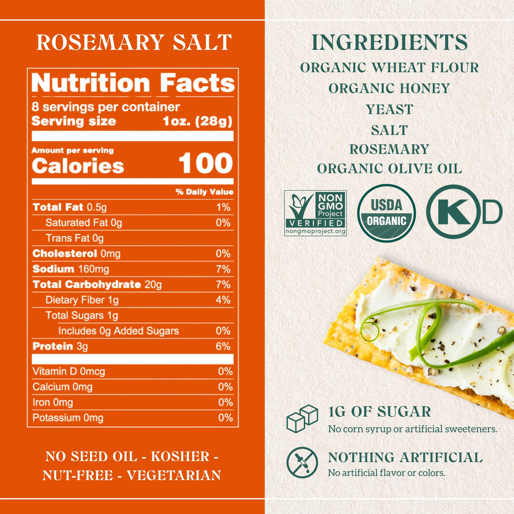 Firehook crackers rosemary-herb-infused crispness complements cheese and dips.