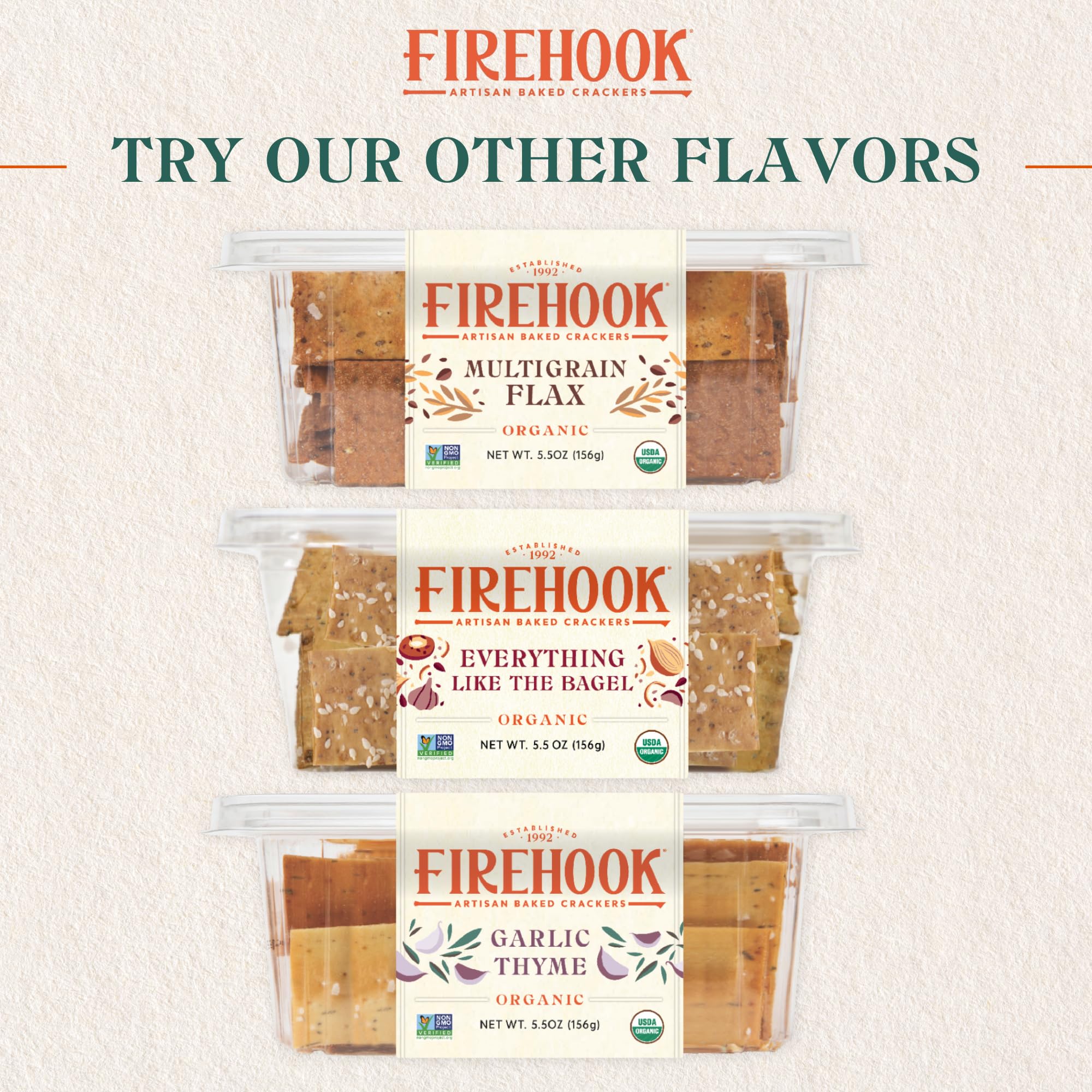 Firehook crackers displayed on a stylish serving plate for guests.