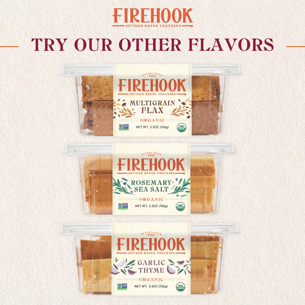 Firehook Everything Crackers show organic, non-GMO, Kosher attributes in packaging.