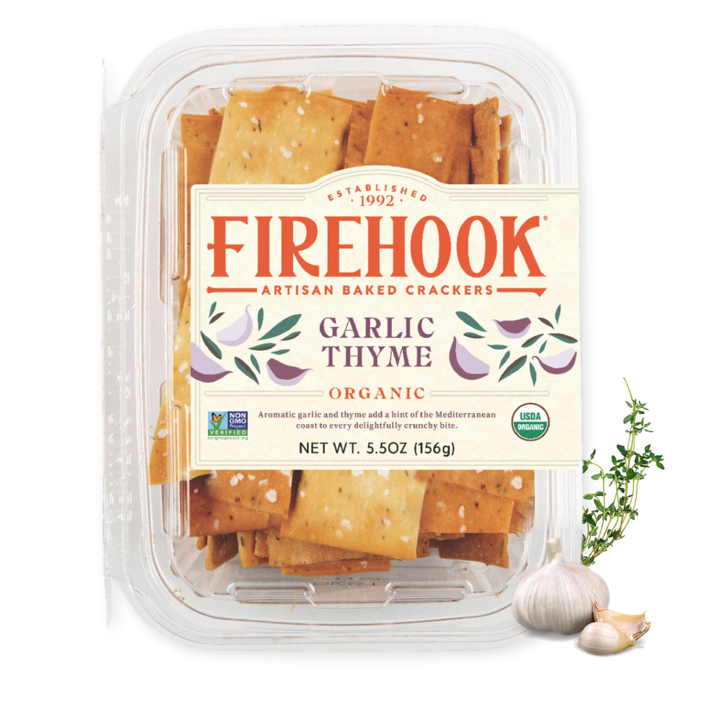 Firehook Garlic Thyme Crackers on a cheese board, ideal with pecorino romano.