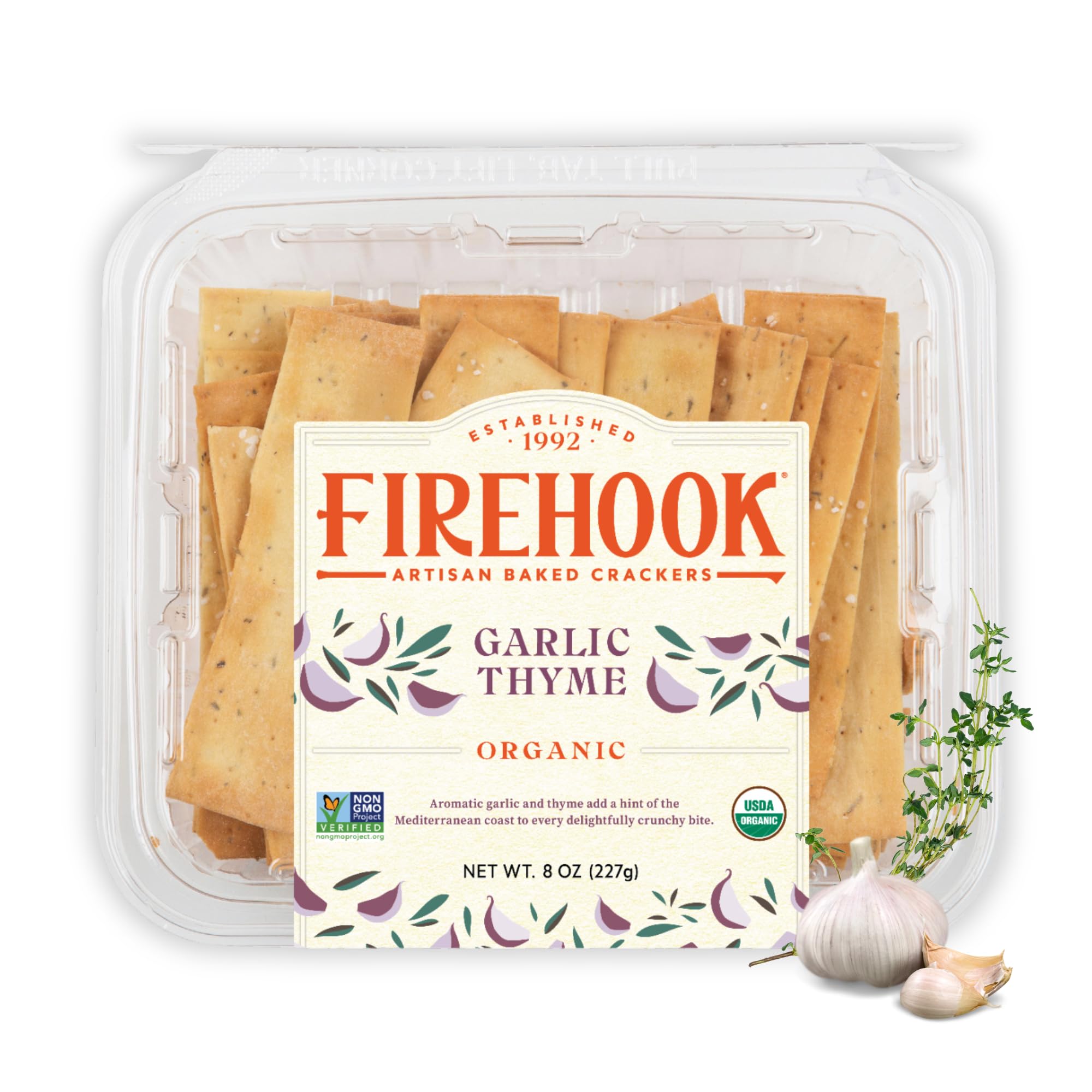 Firehook Garlic Thyme Crackers pack showing savory crunch for snacking.