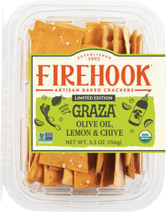 Firehook Graza Crackers with olive oil, lemon and chive on a rustic board for entertaining.