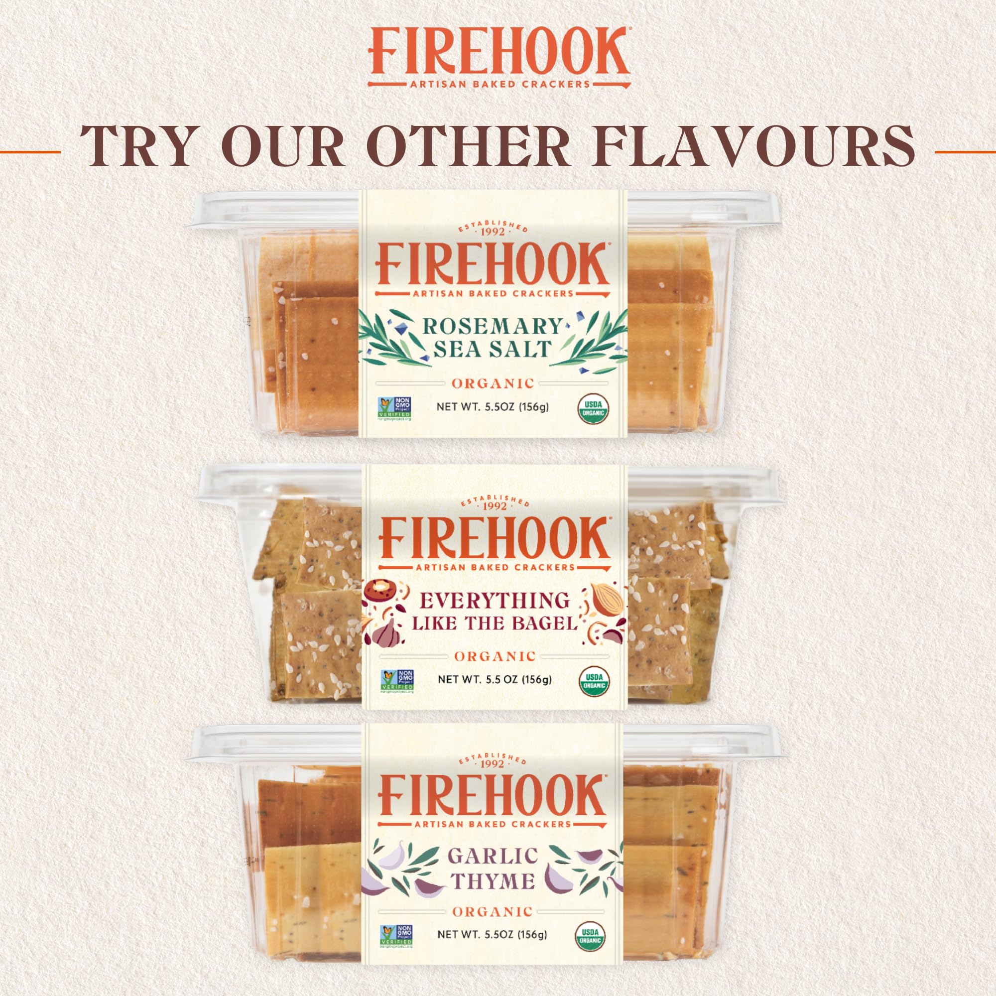 Box of Firehook Multigrain Flax Crackers on a kitchen counter.