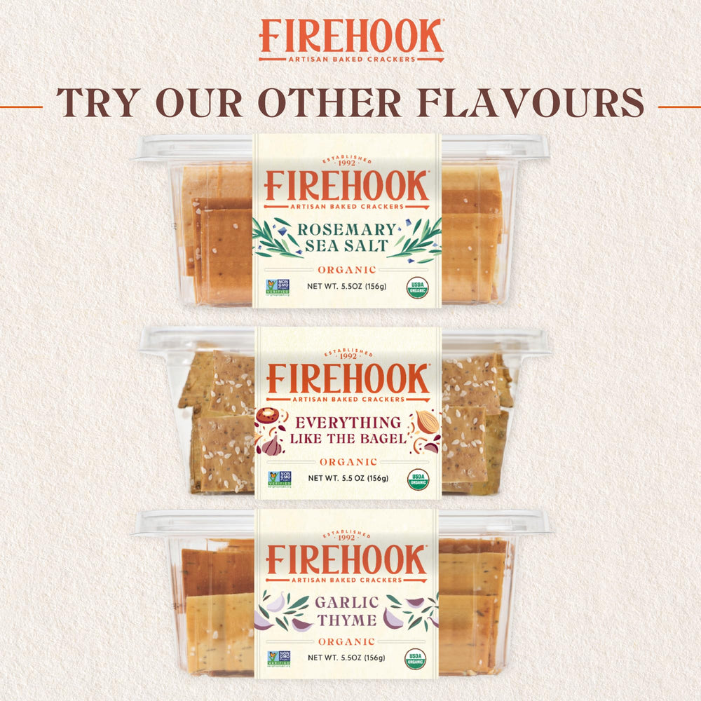 Box of Firehook Multigrain Flax Crackers on a kitchen counter.