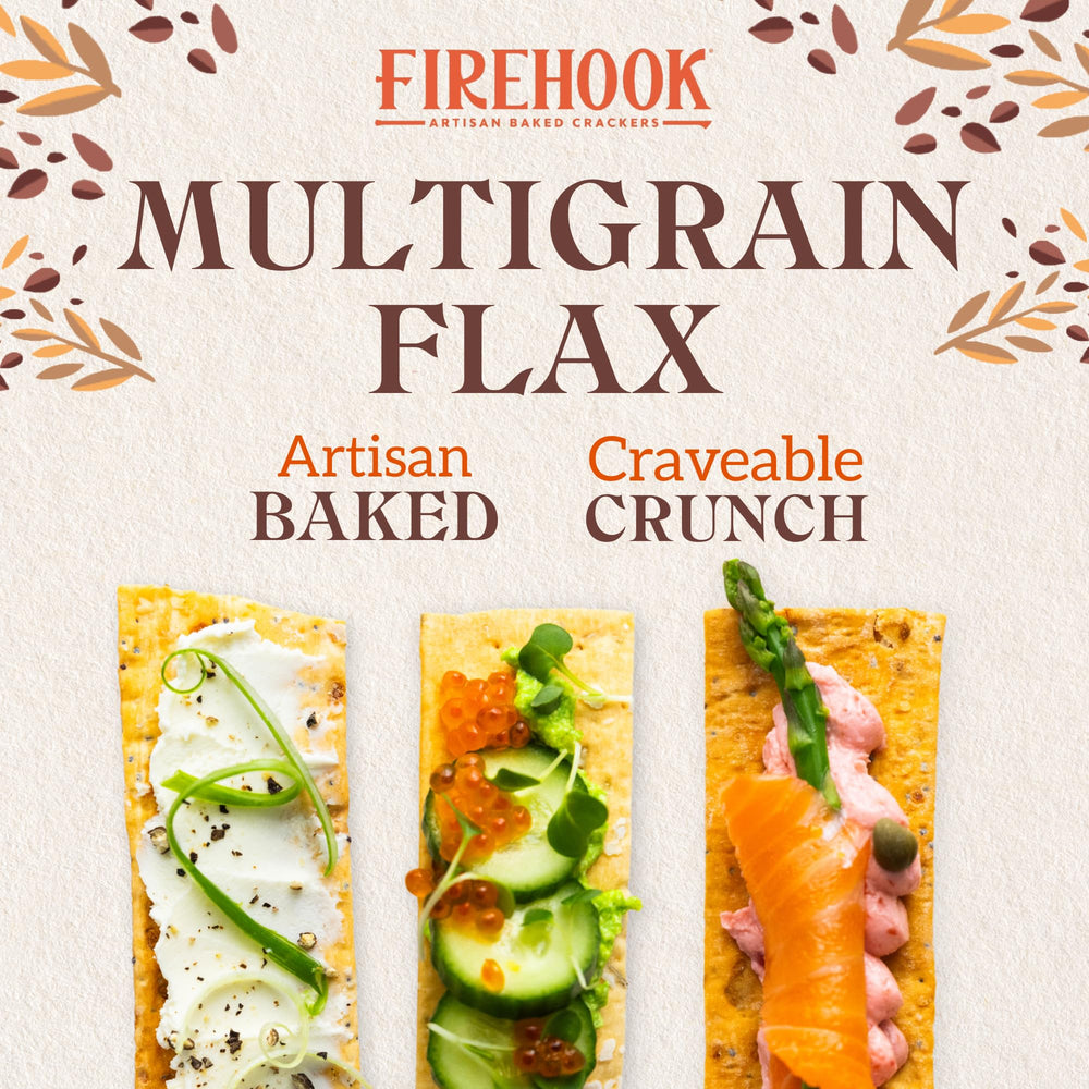 Firehook Multigrain Flax Crackers arranged on a cheese board for entertaining