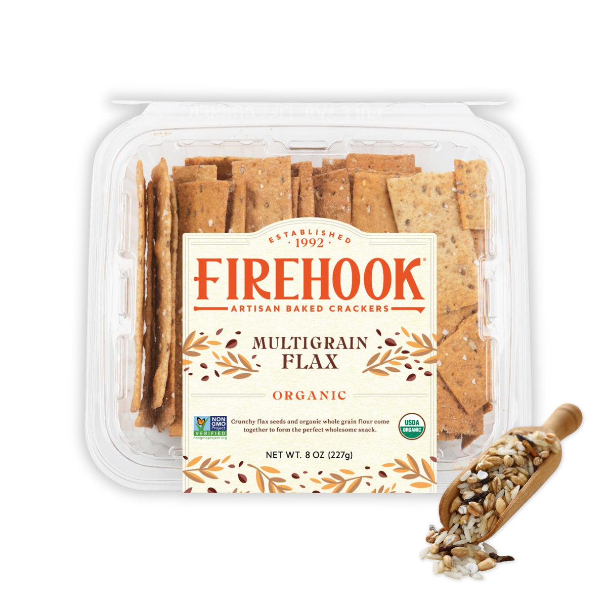 Firehook Multigrain Flax Crackers front box view highlighting wholesome ingredients