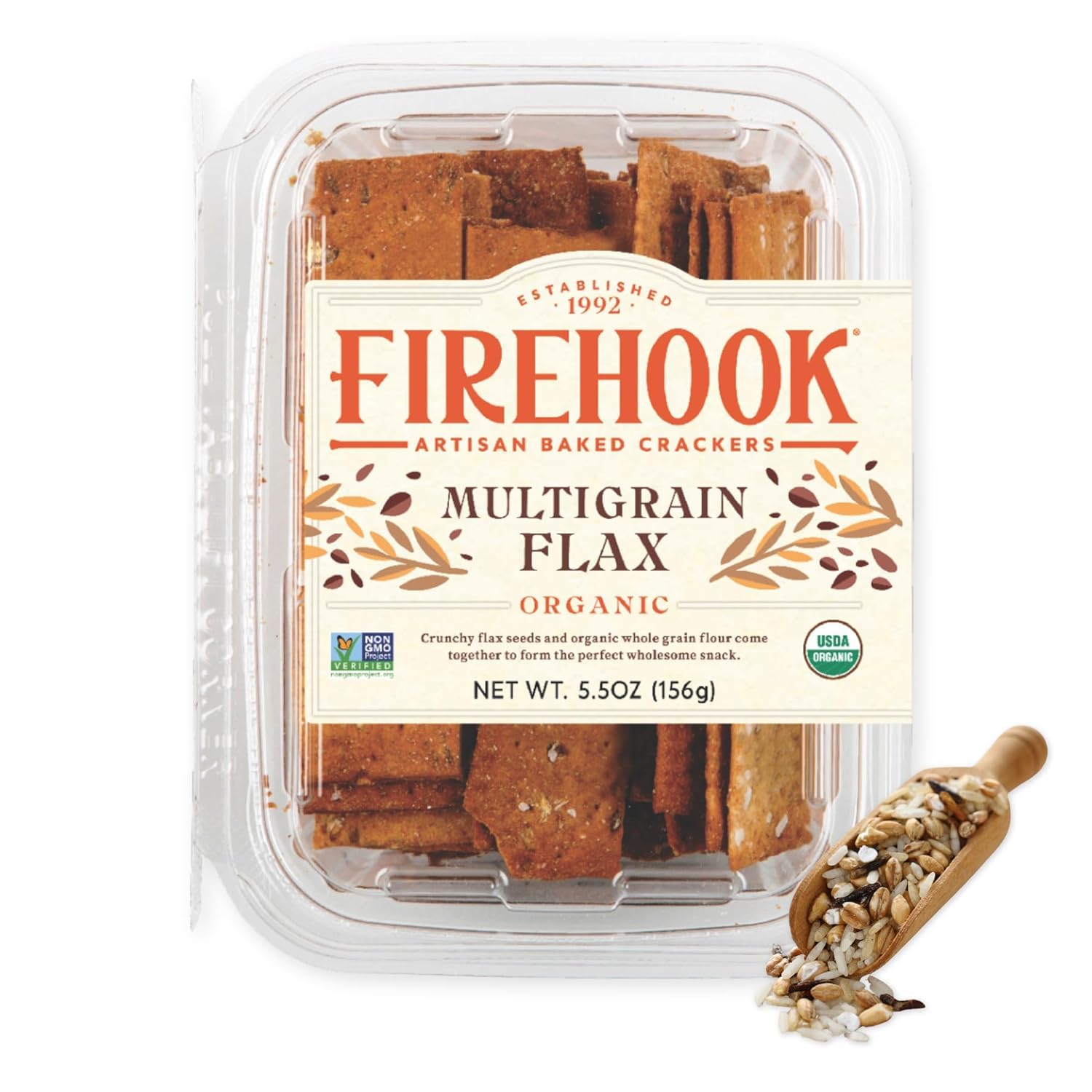 Firehook Multigrain Flax Crackers on a cheese board, perfect for entertaining.