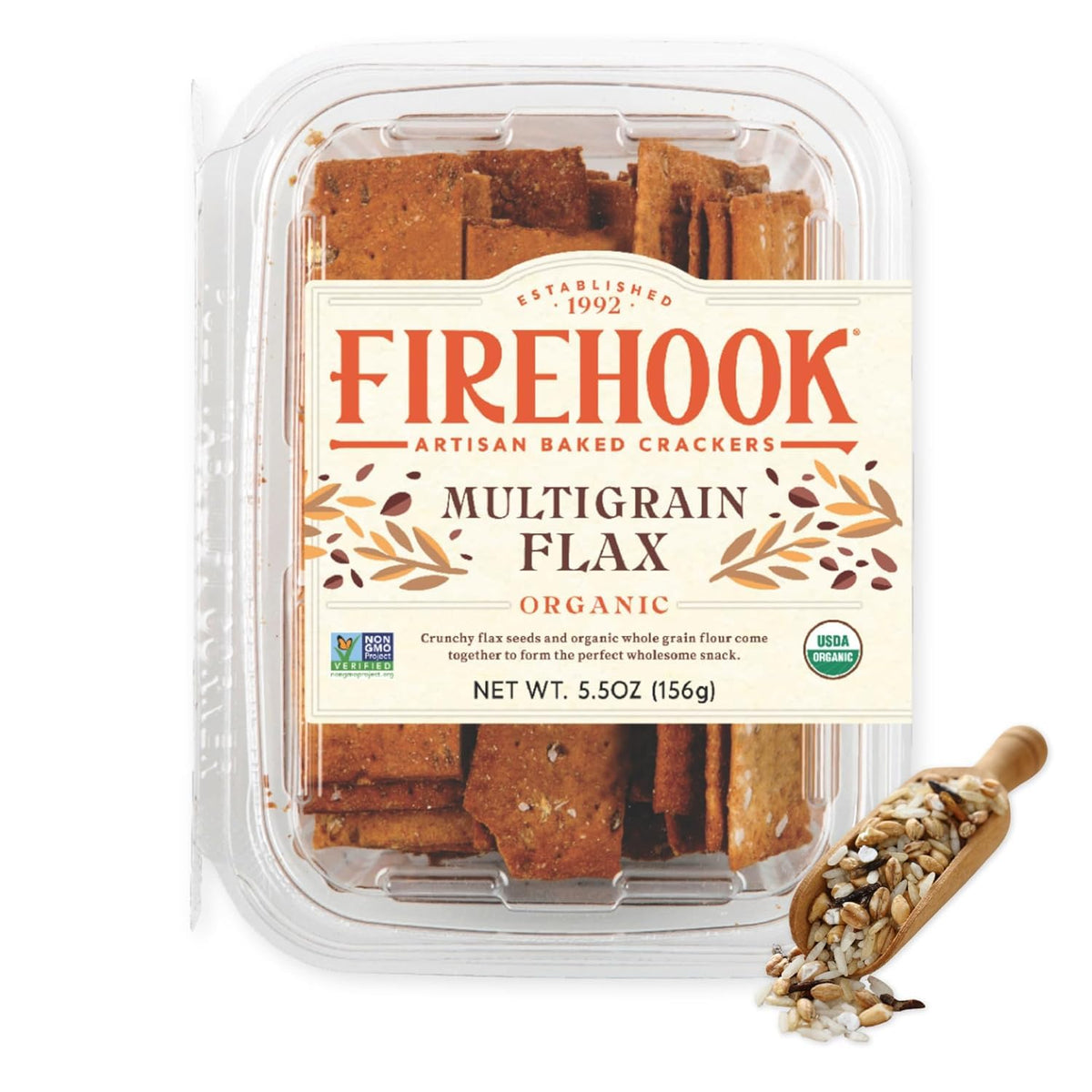Firehook Multigrain Flax Crackers on a cheese board, perfect for entertaining.