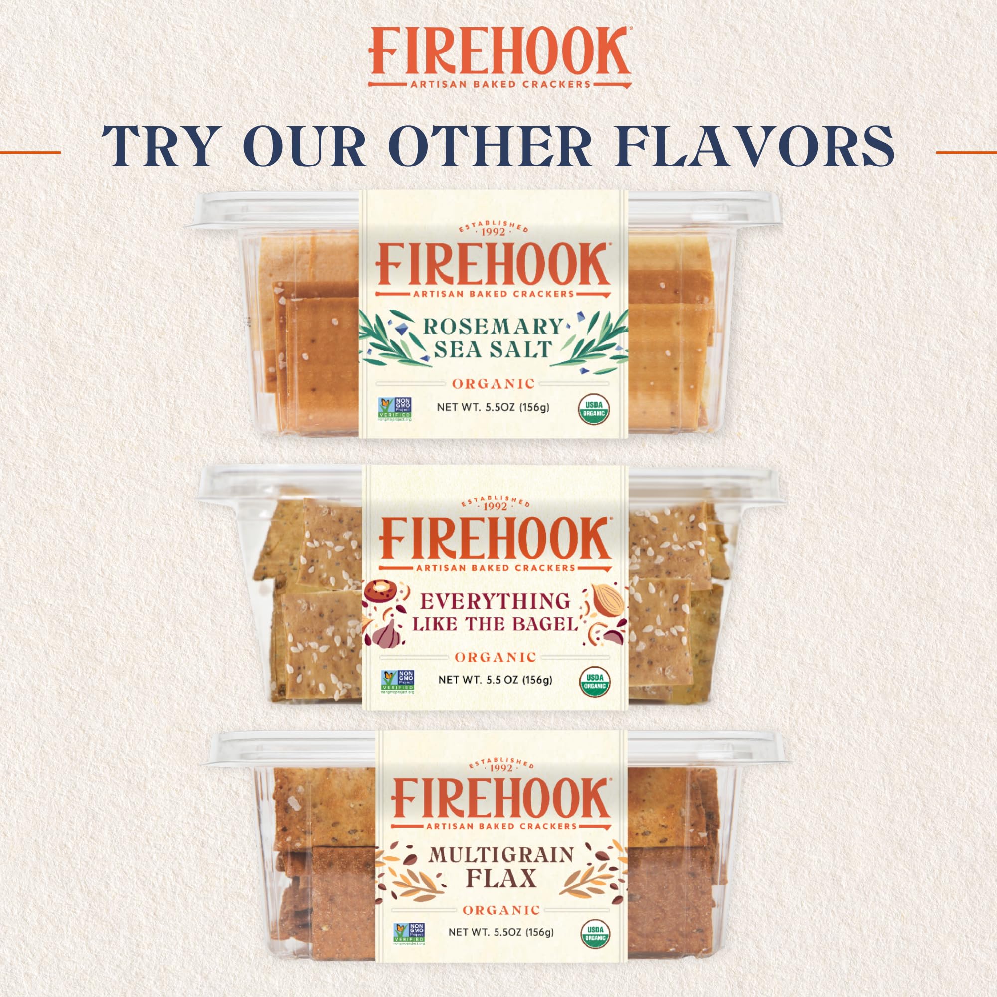 Firehook Non-GMO Kosher Sea Salt Crackers shown as wholesome snack