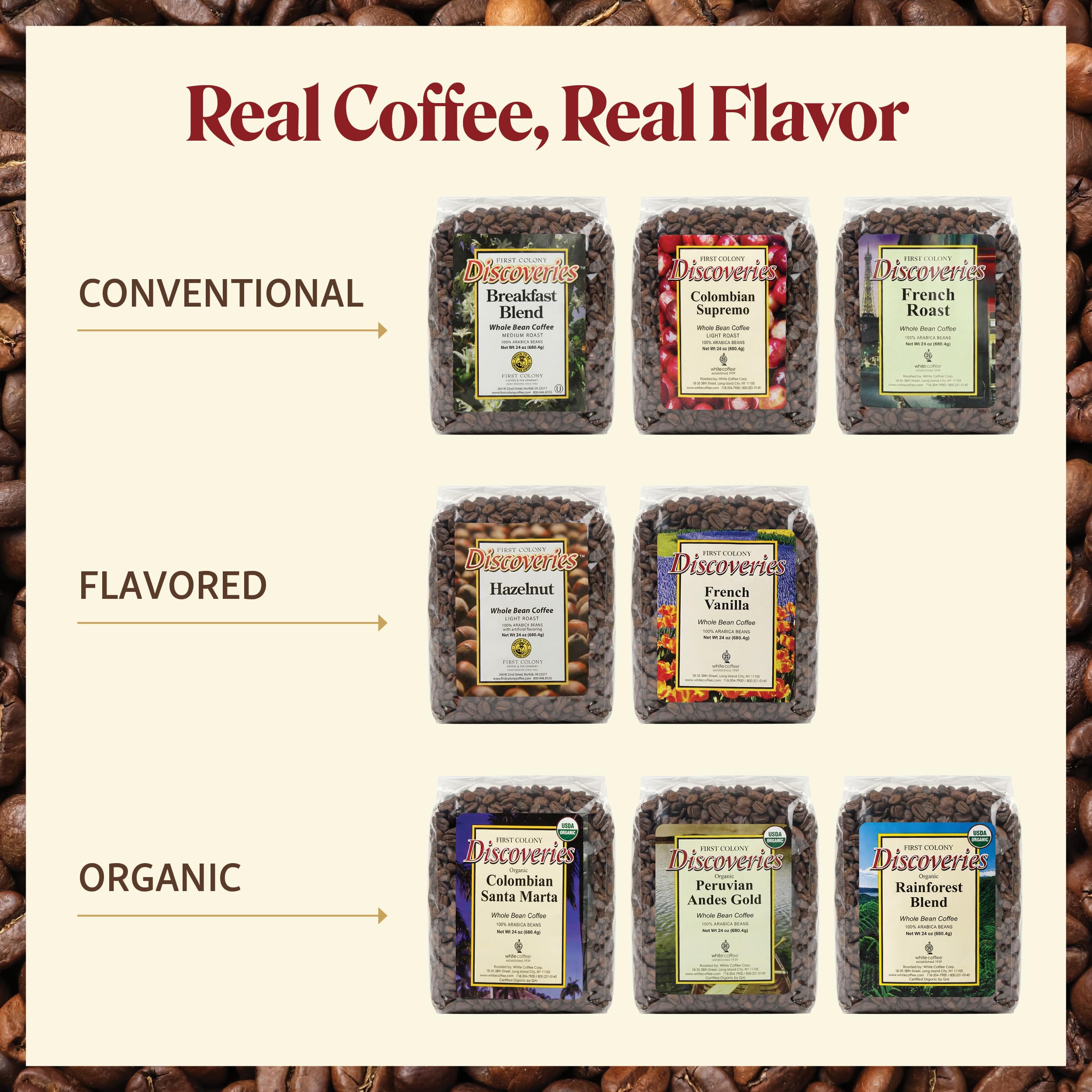 24oz bag of First Colony coffee for home or café use.
