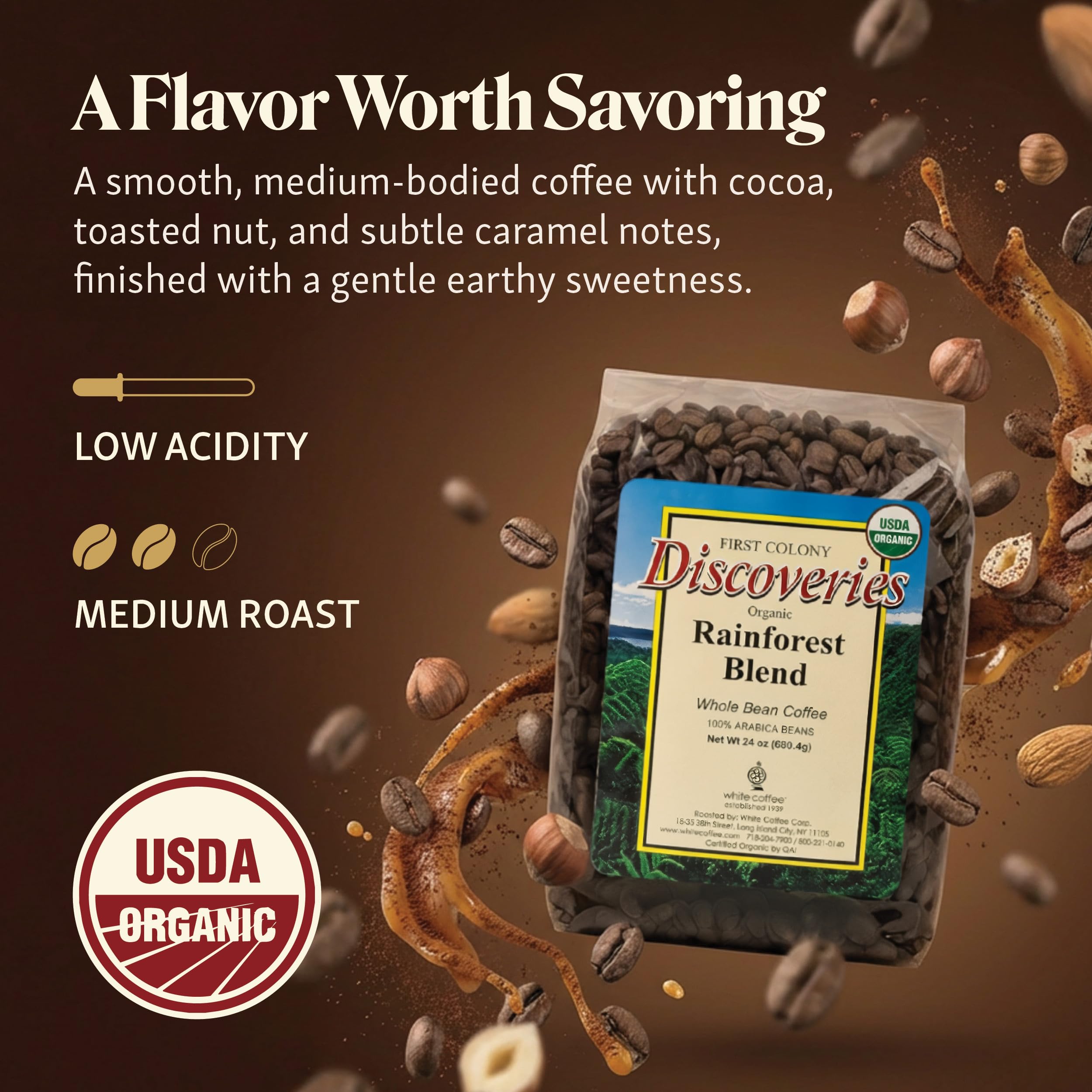 Steam rising from a cup of First Colony coffee, rich aroma in the air.