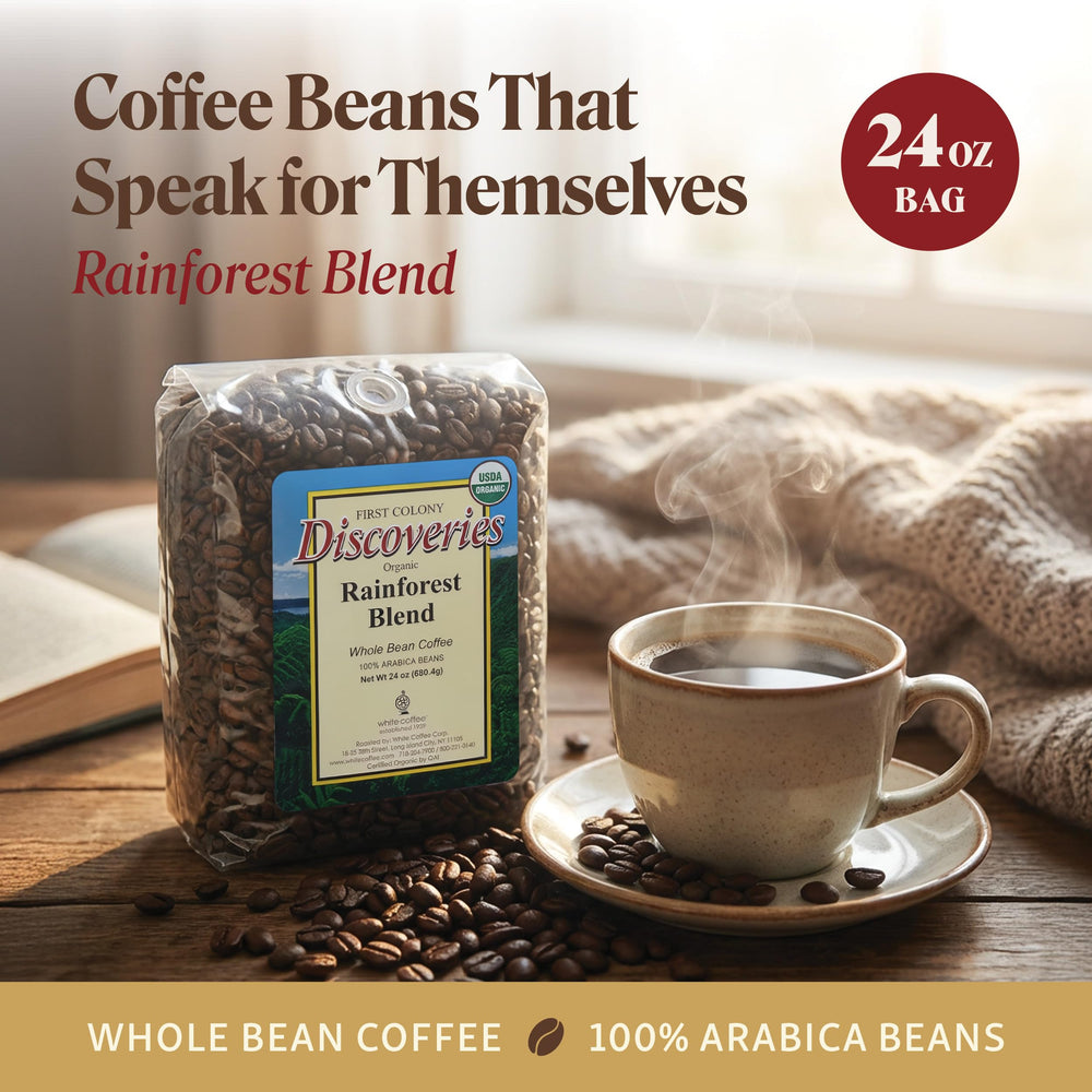 First Colony Rainforest Blend whole beans closeup ready to grind and release aroma.