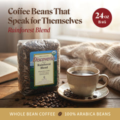 First Colony Rainforest Blend whole beans closeup ready to grind and release aroma.