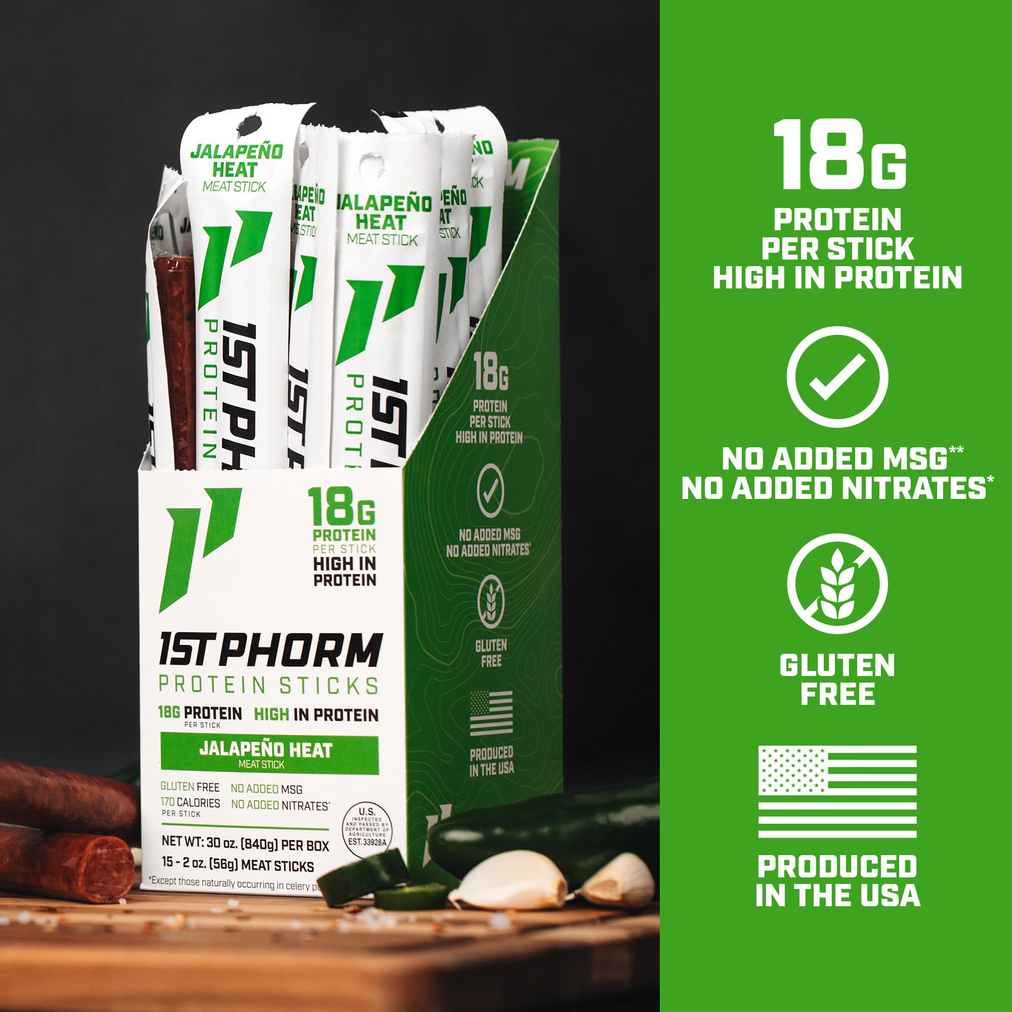 1st Phorm Meat Sticks Jalapeno Heat 18g protein serving for active days