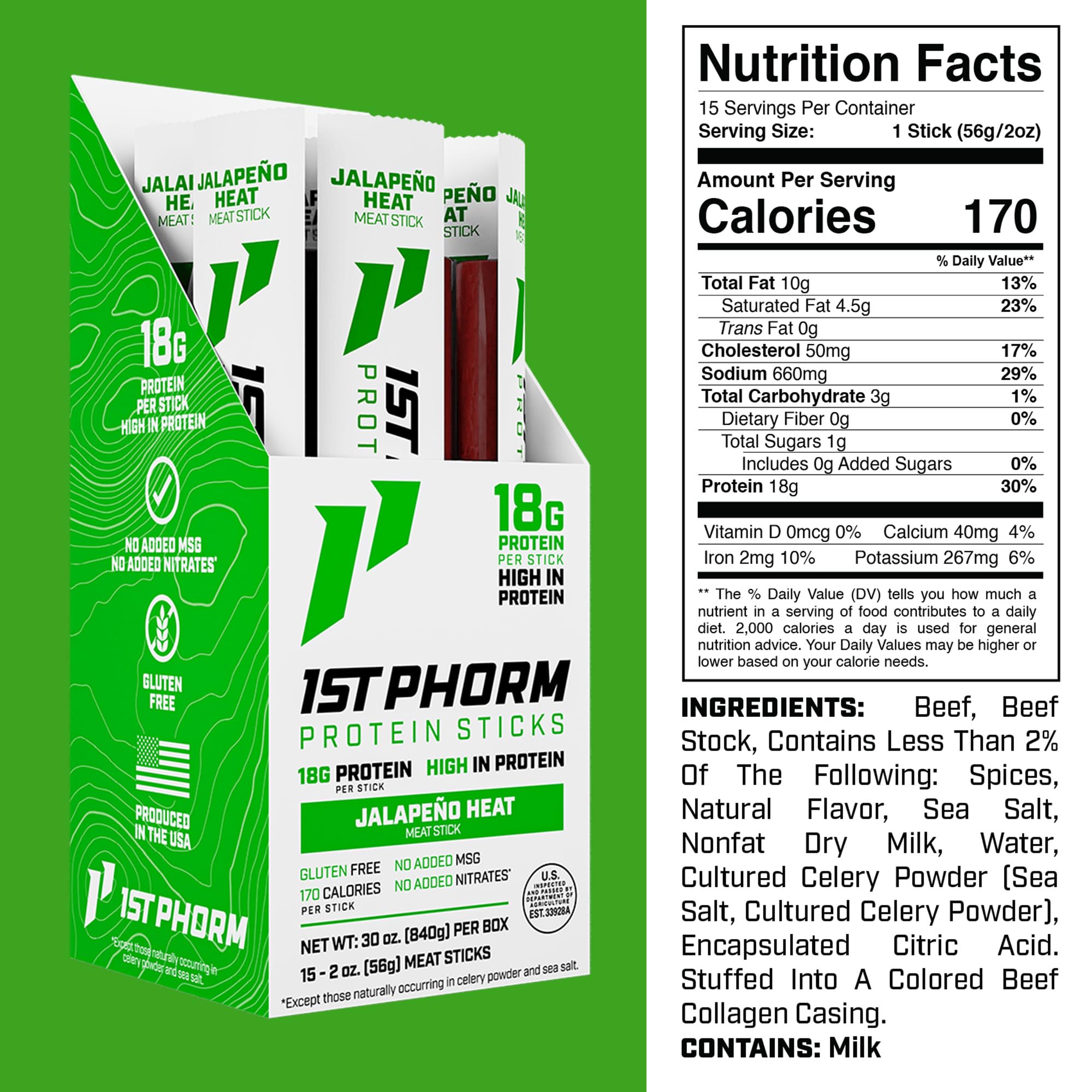 1st Phorm Meat Sticks Jalapeno Heat on-the-go individually wrapped for gym bags