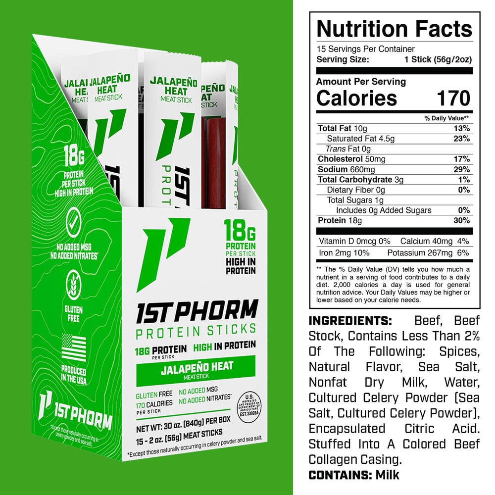 1st Phorm Meat Sticks Jalapeno Heat on-the-go individually wrapped for gym bags