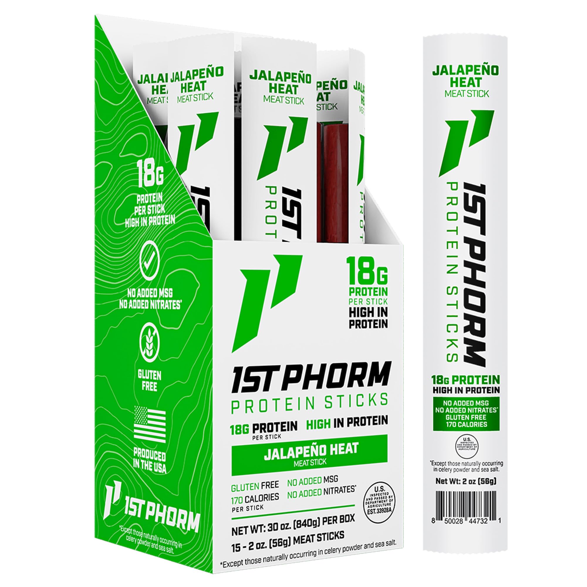 1st Phorm Meat Sticks Jalapeno Heat packaging highlights portability and bold flavor
