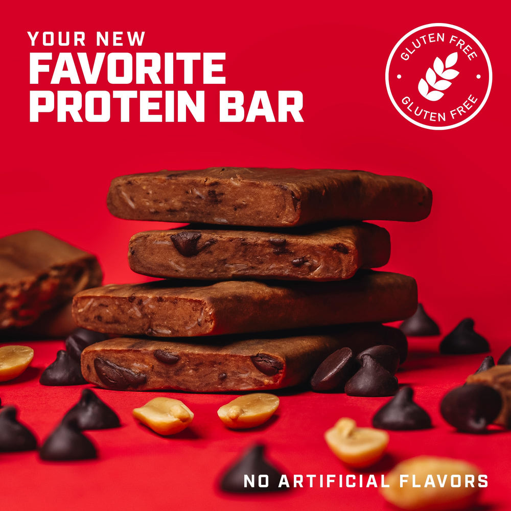 First Phorm Power Pro Bar bite shot, creamy peanut butter with chocolate chips.