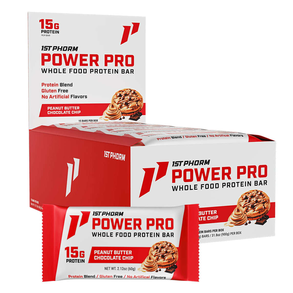 First Phorm Power Pro Bar peanut butter chips front view, 15g protein.