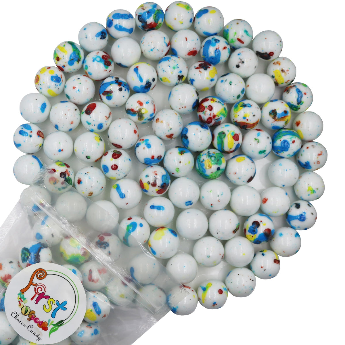 FirstChoiceCandy jawbreaker psychedelic bruiser 1-inch close-up with bold colors for a party-ready treat.