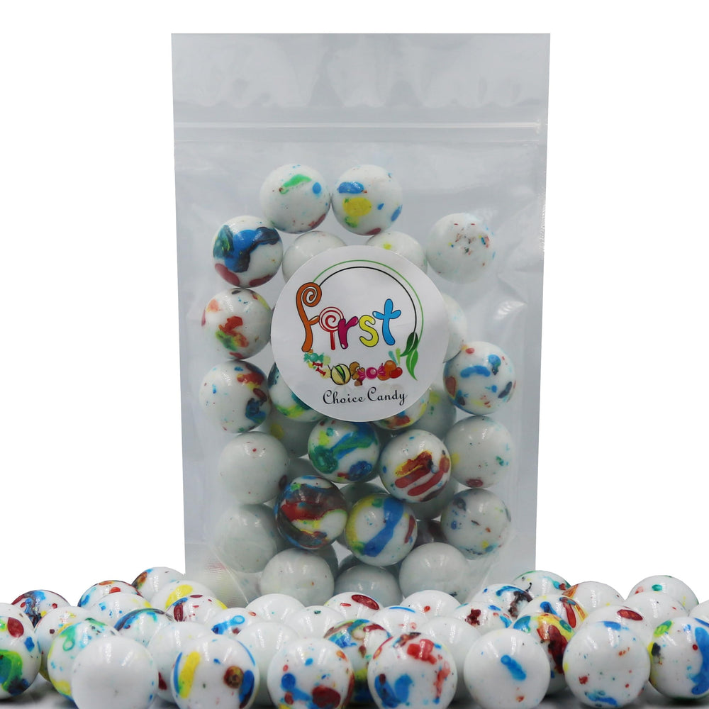 FirstChoiceCandy jawbreaker splattered colors close-up highlighting eye-catching design and gift appeal.