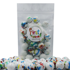 FirstChoiceCandy jawbreaker splattered colors close-up highlighting eye-catching design and gift appeal.