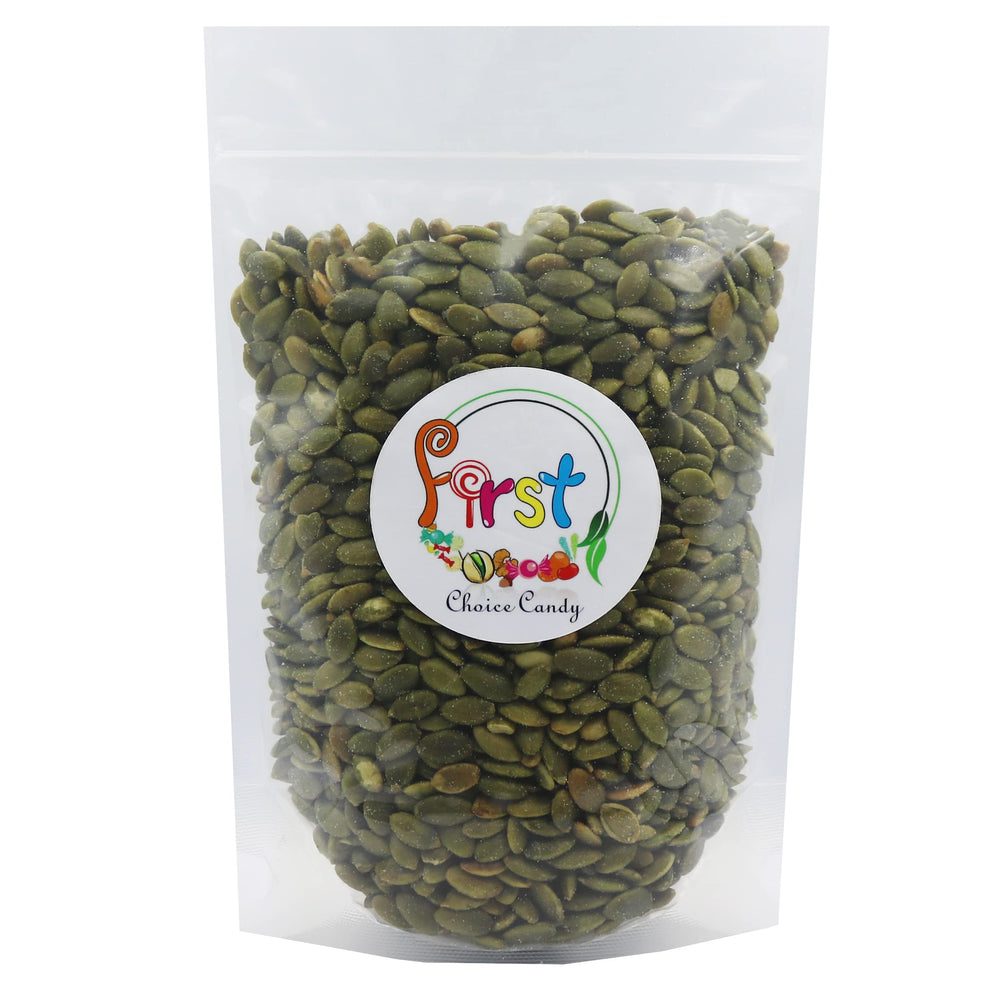FirstChoiceCandy roasted pumpkin seeds jar pour, convenient bulk packaging for sharing.