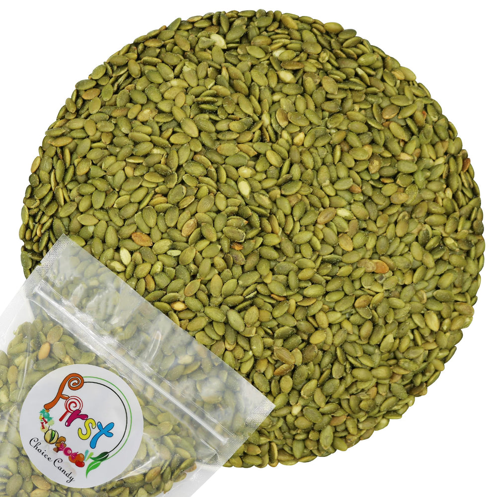 FirstChoiceCandy roasted pumpkin seeds in a jar, front view, ideal healthy snack for busy days.
