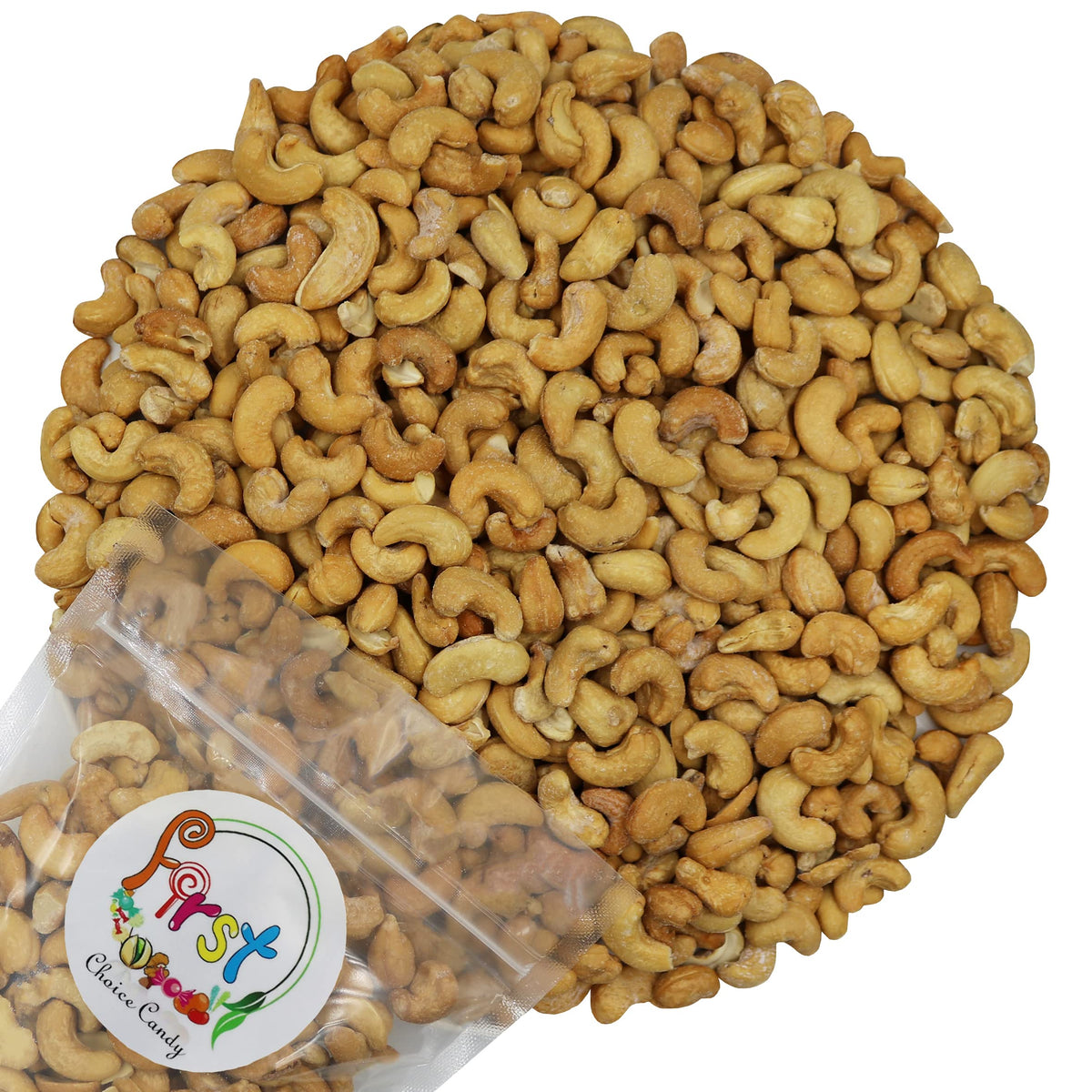 FirstChoiceCandy roasted salted whole cashews close-up, ideal for on-the-go snacking