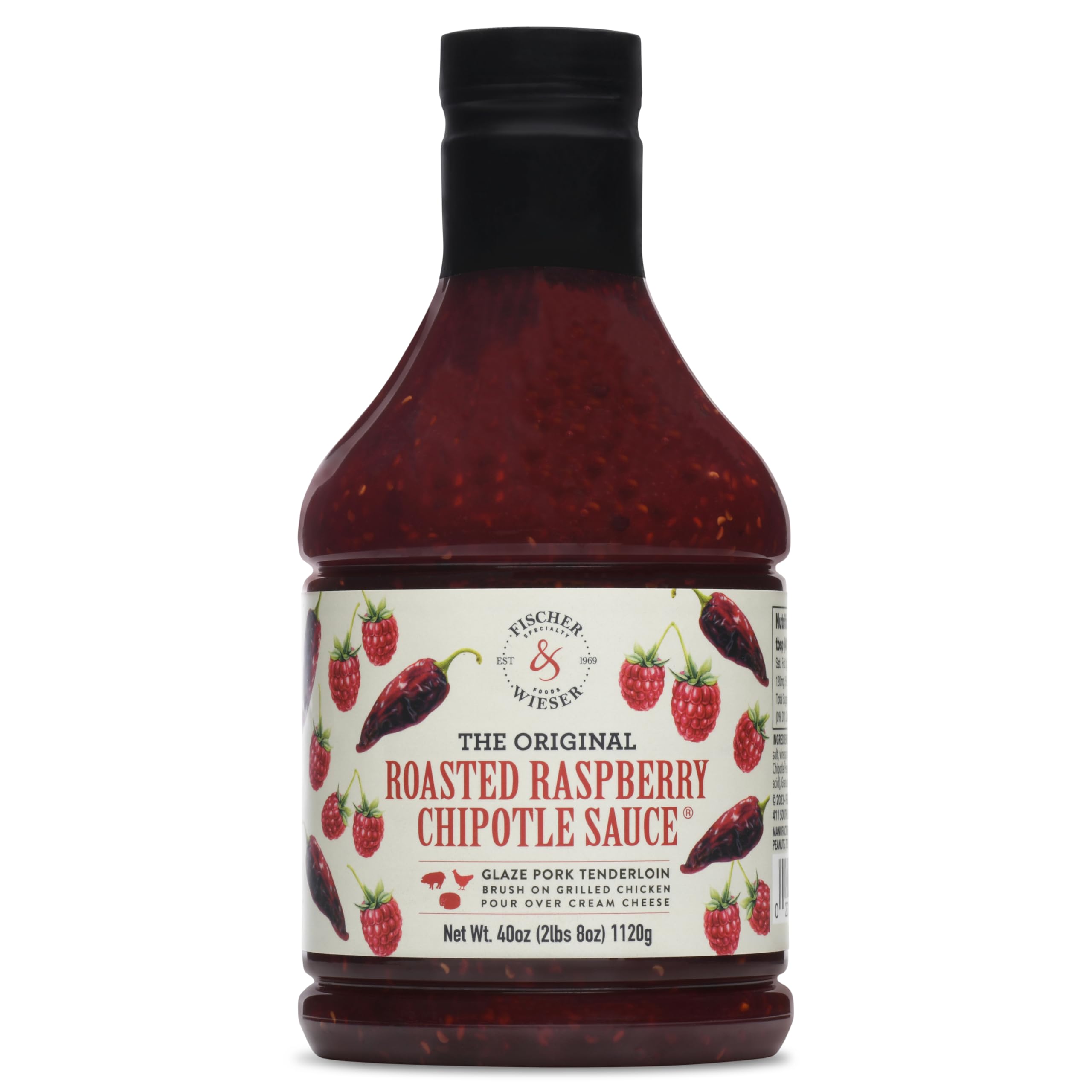 Fischer & Wieser Roasted Raspberry Chipotle sauce bottle, ideal glaze and marinade for meals.