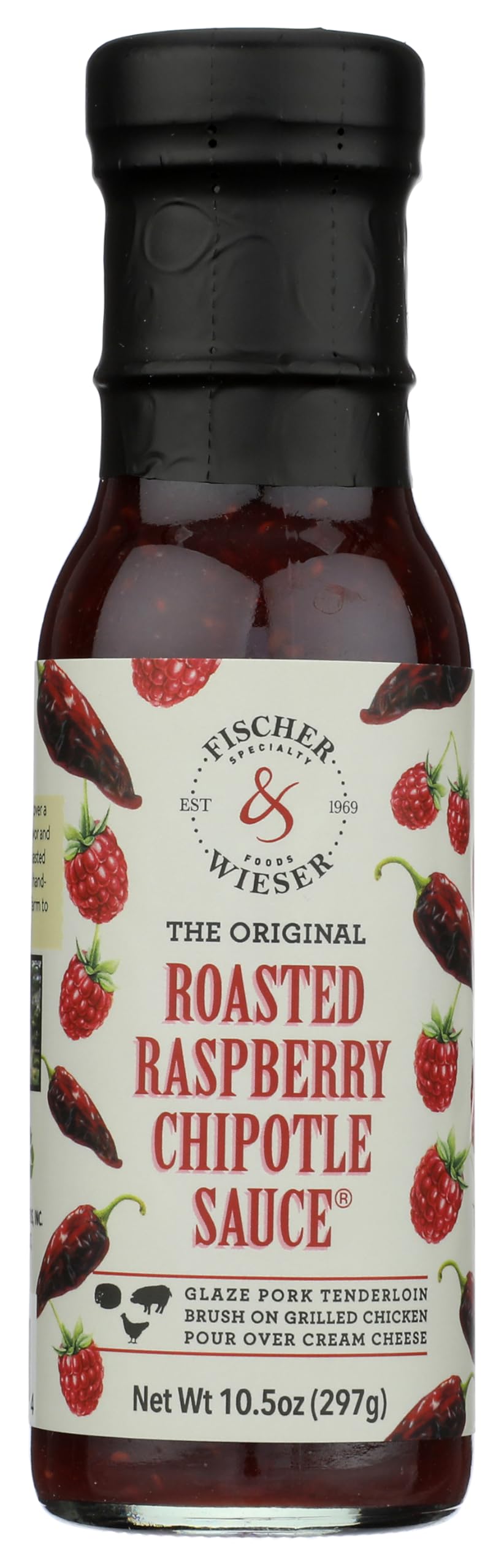 Fischer & Wieser Roasted Raspberry Chipotle sauce jar for pantry, ideal glaze for grilled meats.